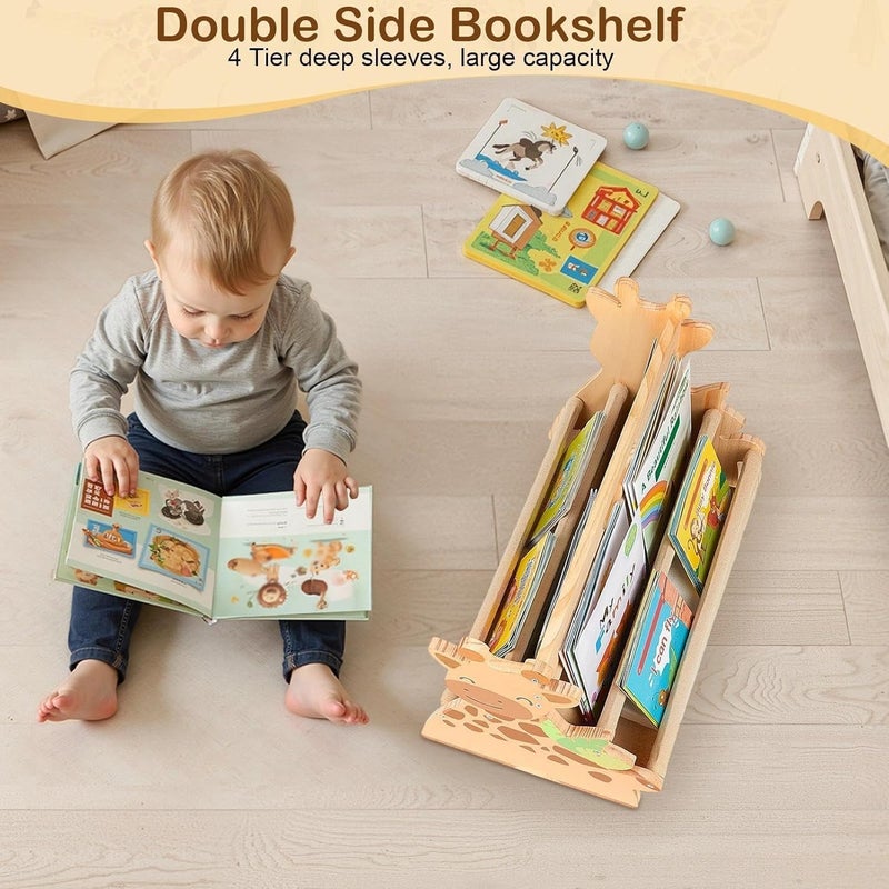 SheSeek Toddler Bookshelf Double-Sided with 4 Tier Deep Sleeves Kids Wooden Montessori Book Rack for Baby Nursery Room, Playroom, Classroom or Bedroom Bookcase Storage Organizer, Light Wood Giraffe - Image 3